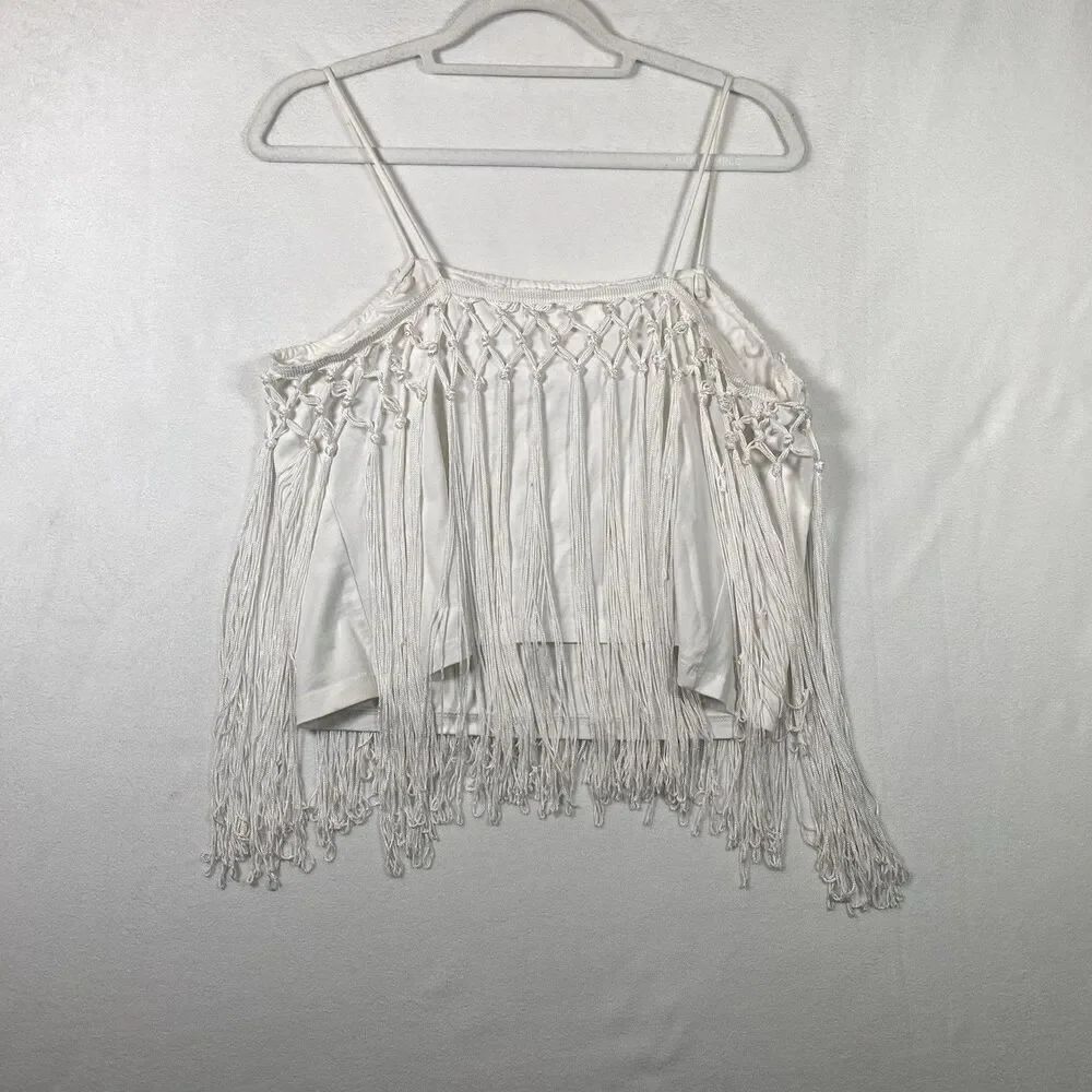 Anthropologie Boho Macrame Fringe Tank Top White Cotton Blend Size L Festival